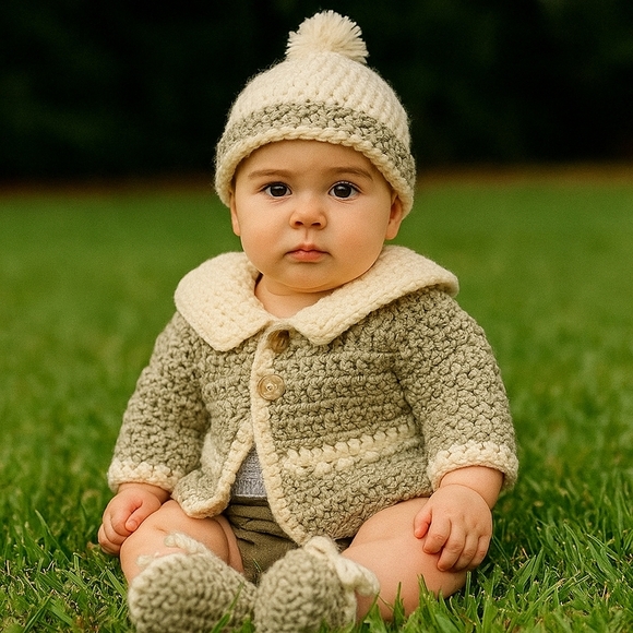 Hand Crafted Baby Sweater Hand Knit Crochet White Gray Botties Pom pom Hat 3-set